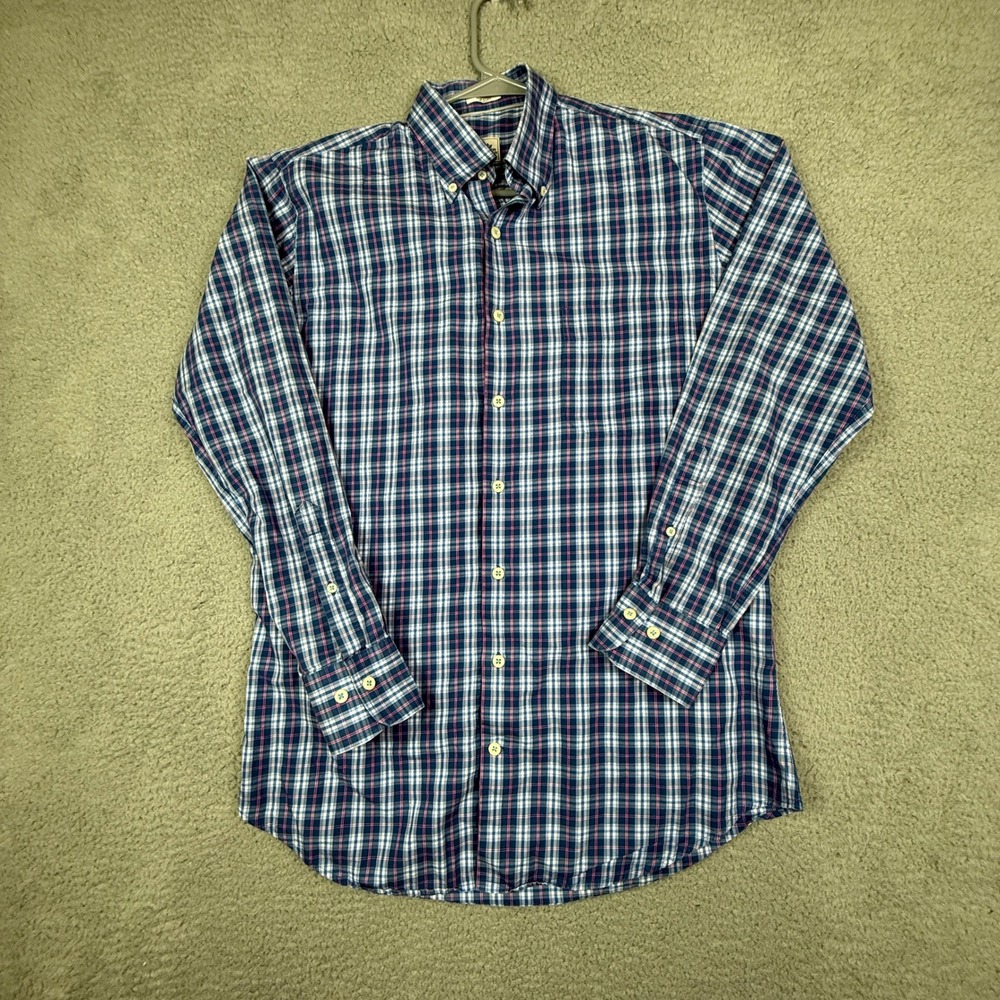 Peter Millar Button Down Shirt Medium Plaid Check Cotton Blue Red Menswear